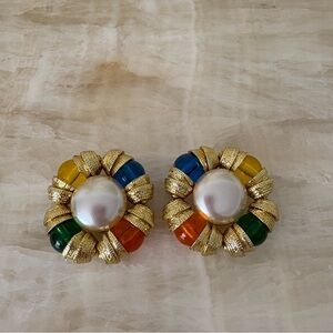 Vintage 70s clip on large earrings gold pearl multicolor eclectic boho indie